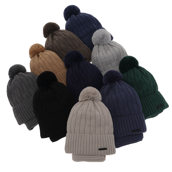 Boy's winter set: hat and tube scarf beige merino wool Talar with pompom