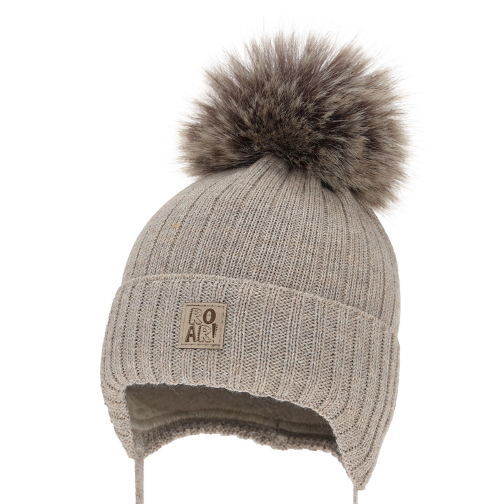 Boy's winter hat with merino wool, with ears, beige, Nabil