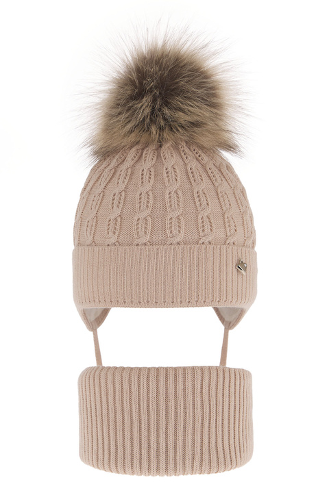 Girl's winter set: hat and tube scarf beige with pompom Tukana 