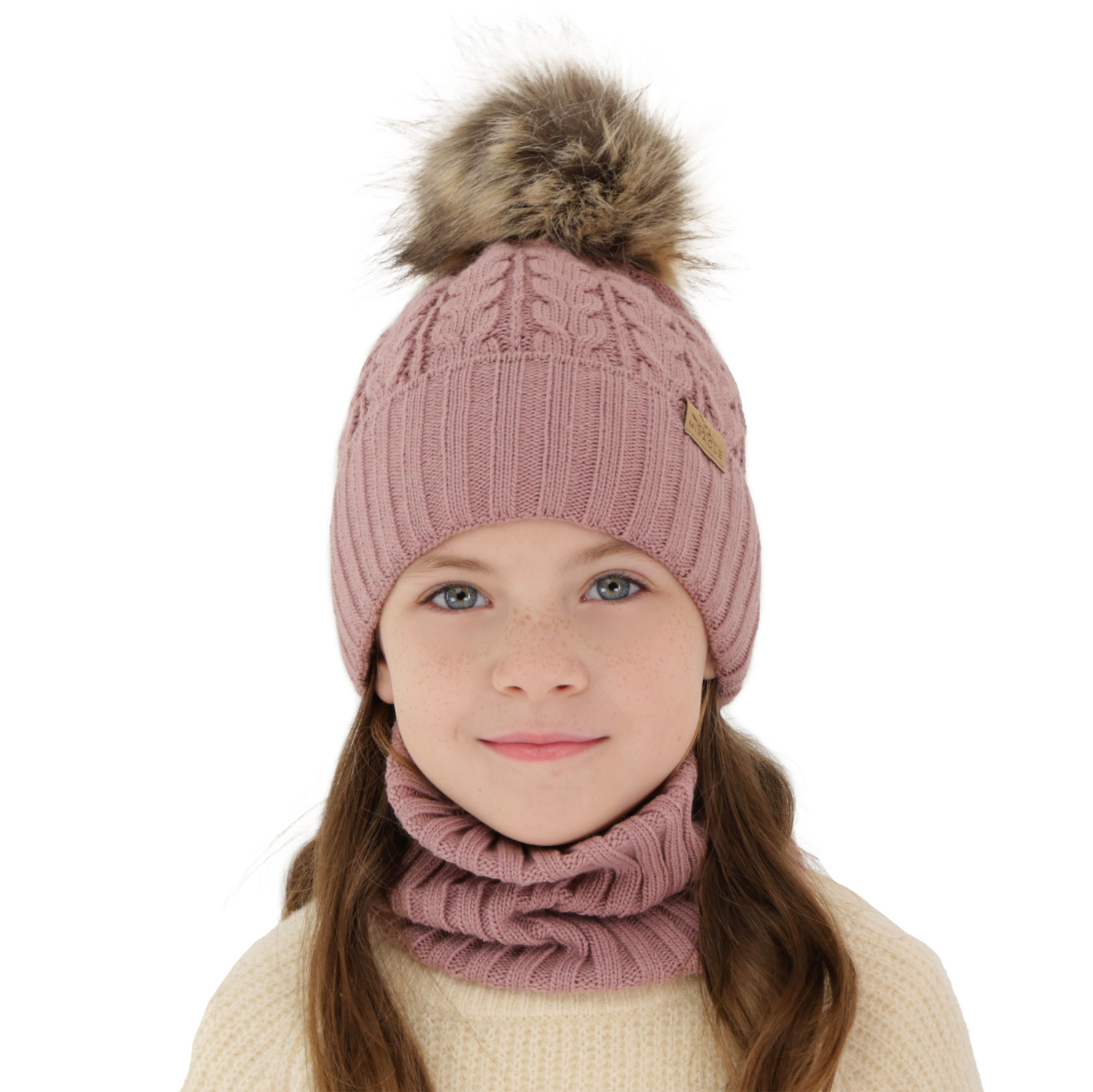 Girl's winter set: hat and tube scarf camel Tanzania with pompom