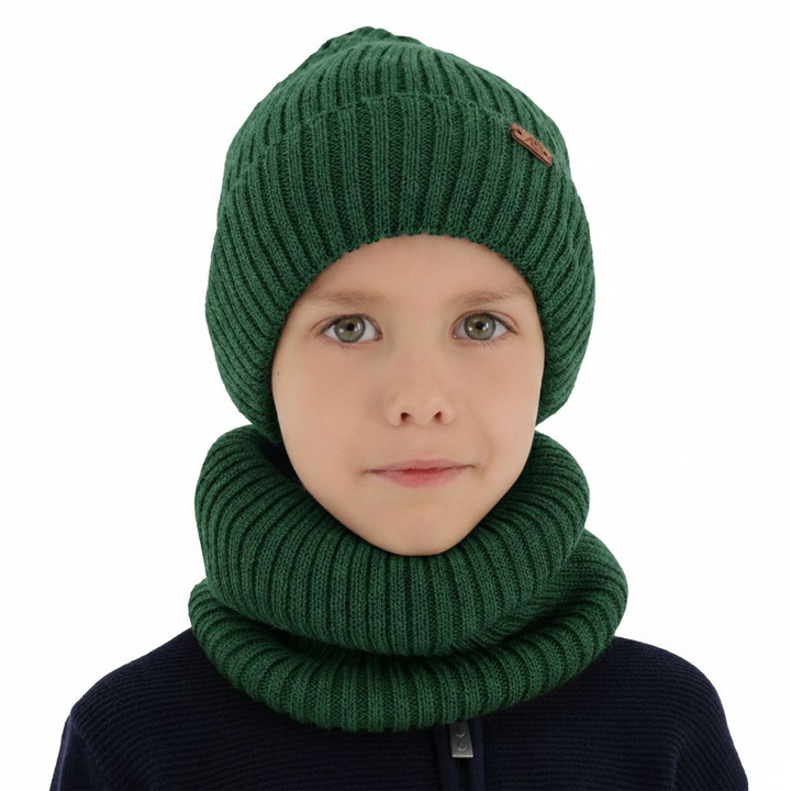 Boy's winter set: hat and tube scarf green merino wool Palermo