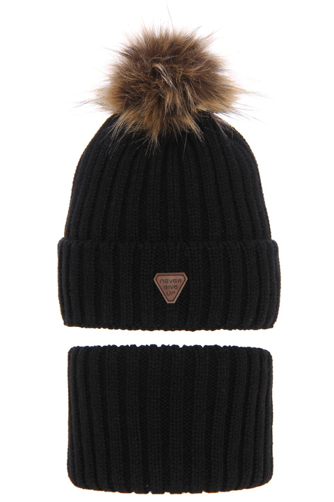 Boy's winter set: hat and tube scarf black Garet with pompom  