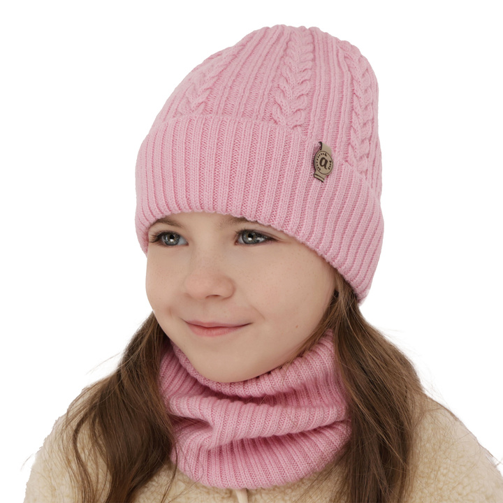 Girl's winter set: hat and tube scarf pink made of 100% extra fine merino wool Jenny