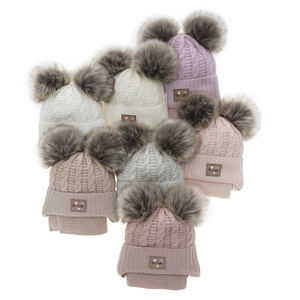 Girl's winter set: hat shiny thread (lurex) and scarf pink Klarita with two pompom