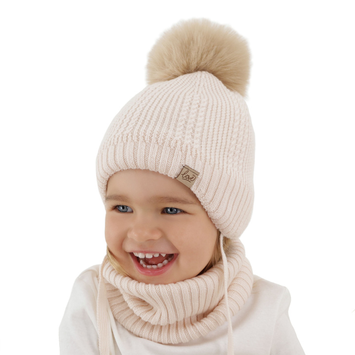 Girl's winter set: hat and tube scarf, light pink, 100% merino wool, lined with wool fleece, with ties Danielle
