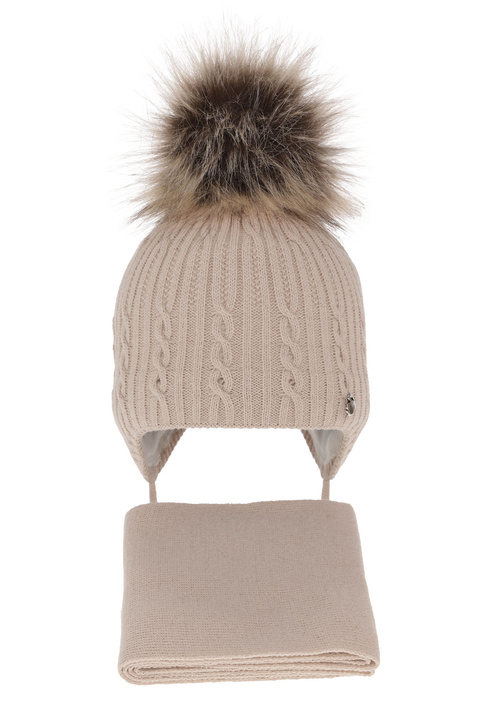 Girl's winter set: hat and scarf beige with pompom Amana