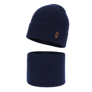 Boy's spring/ autumn set: hat and tube scarf navy blue 100% extra fine merino wool Bruce