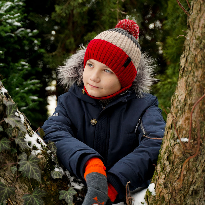 Boy's winter set: hat and tube scarf red Karson with pompom