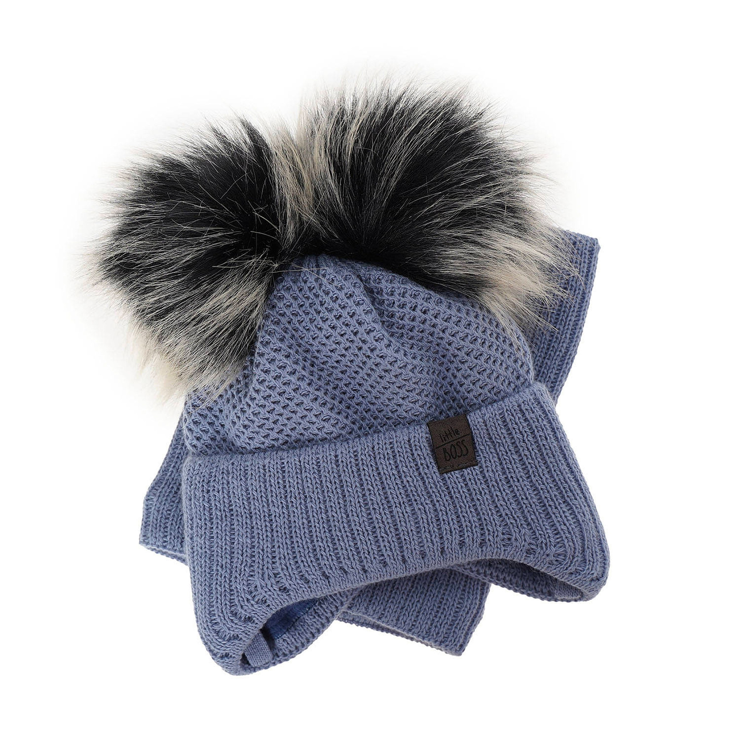 Boy's winter set: hat and tube scarf navy blue Randel with two pompom