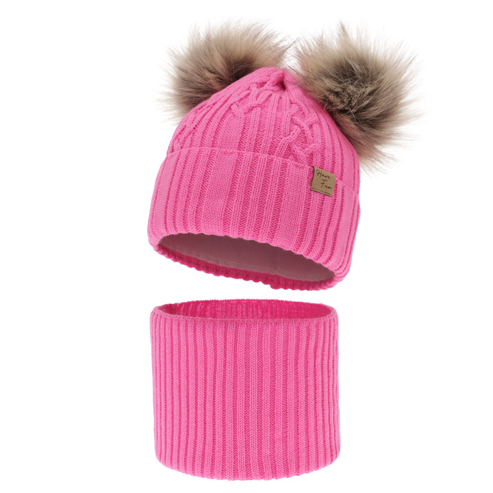 Girl's winter set: hat and tube scarf pink with two pompoms Sierra