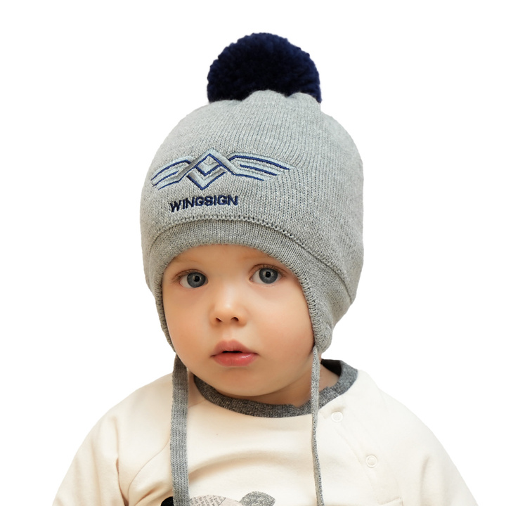 Boy's winter set: hat and tube scarf grey Wings with pompom