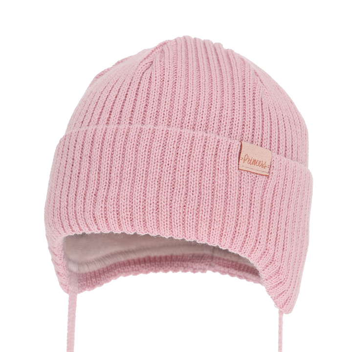 Girl's winter hat, pink, with ears, with merino wool, Punia