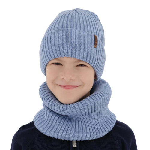 Hat and tube scarf with polar lining for boy winter set, brown, with merino wool, Colton