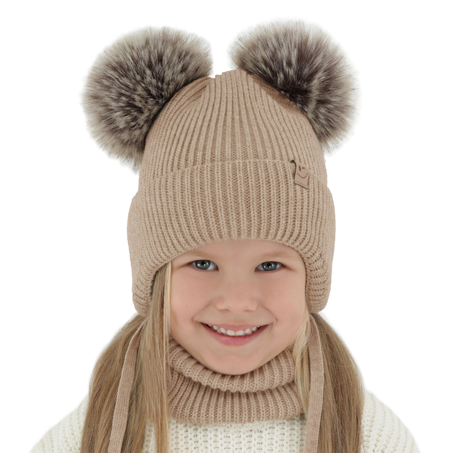 Girl's winter set: hat and tube scarf violet with two pompom Zori
