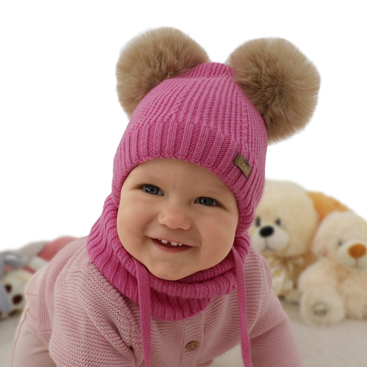 Girl's hat and tube scarf, winter set, pink, 100% merino wool, lined with wool fleece, Lumia