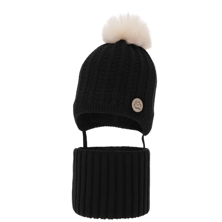 Girl's winter set: hat and tube scarf black with pompom Kenta