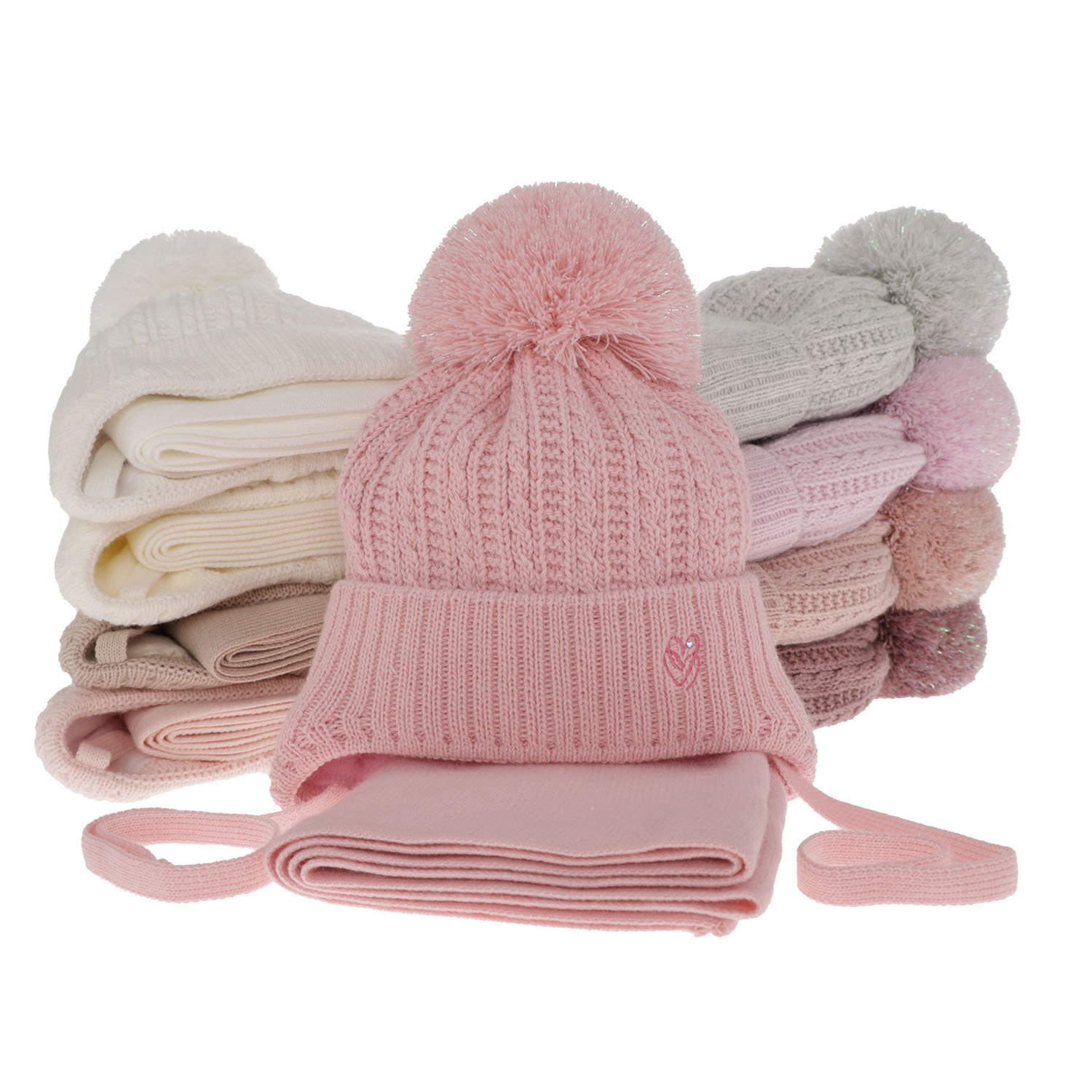 Girl's winter set: hat and scarf ecru with pompom Marisa