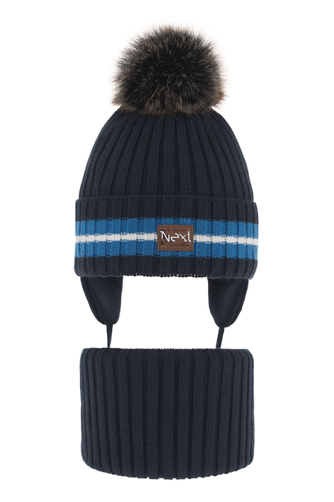 Boy's winter set: hat and tube scarf navy blue with pompom Echo