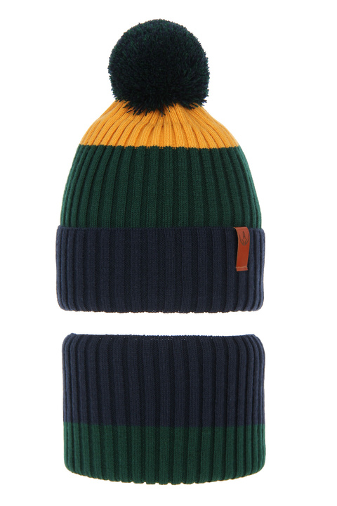 Boy's winter set: hat and tube scarf navy blue Karson with pompom