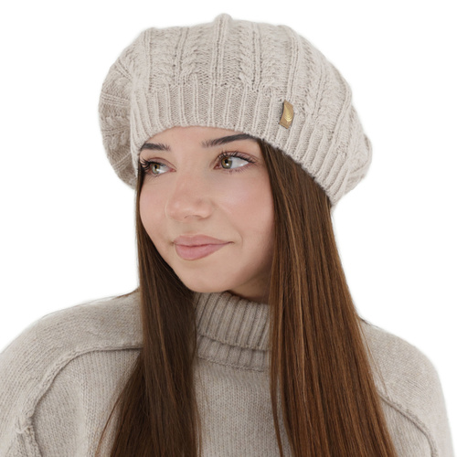Woman's winter beret, beige, with merino wool, Senja