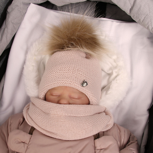 Girl's winter set: hat and scarf pink Aimi with pompom