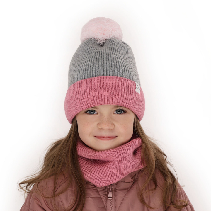 Girl's winter set: hat and tube scarf grey Rosalin with pompom