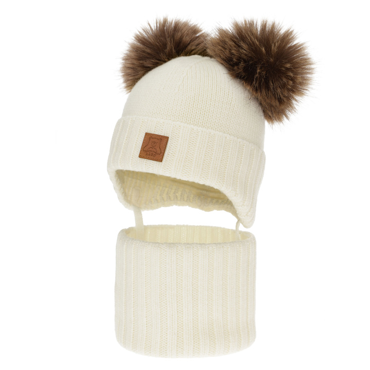 Boy's hat and snood, winter set, cream, 100% merino wool, lined with wool fleece, Ronik