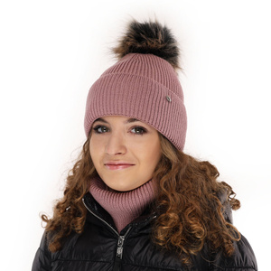 Girl's winter set: hat and tube scarf ecru Reneta with pompom