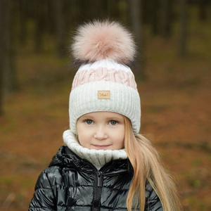 Girl's winter set: hat and tube scarf grey Riviera with pompom