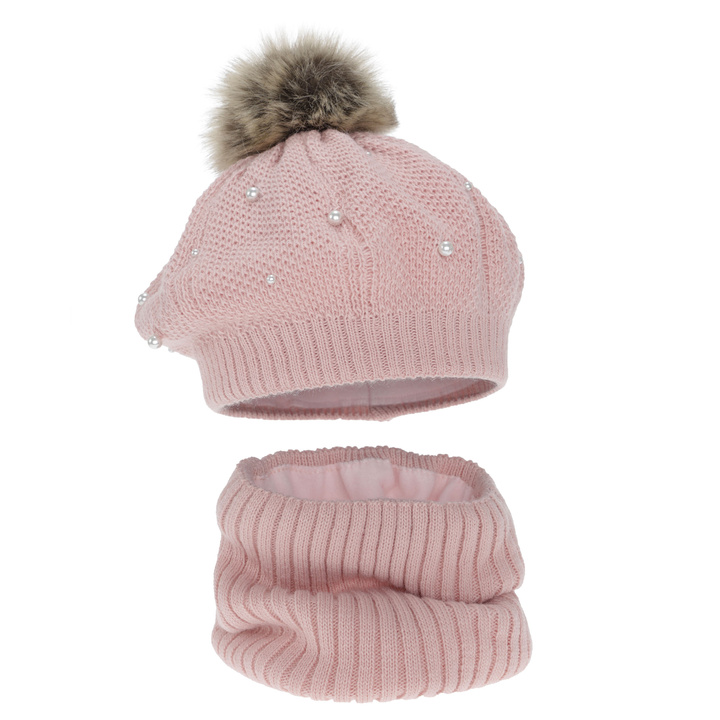 Girl's winter set: beret and tube scarf, pink, fleece lining, with pompom, Jeanette