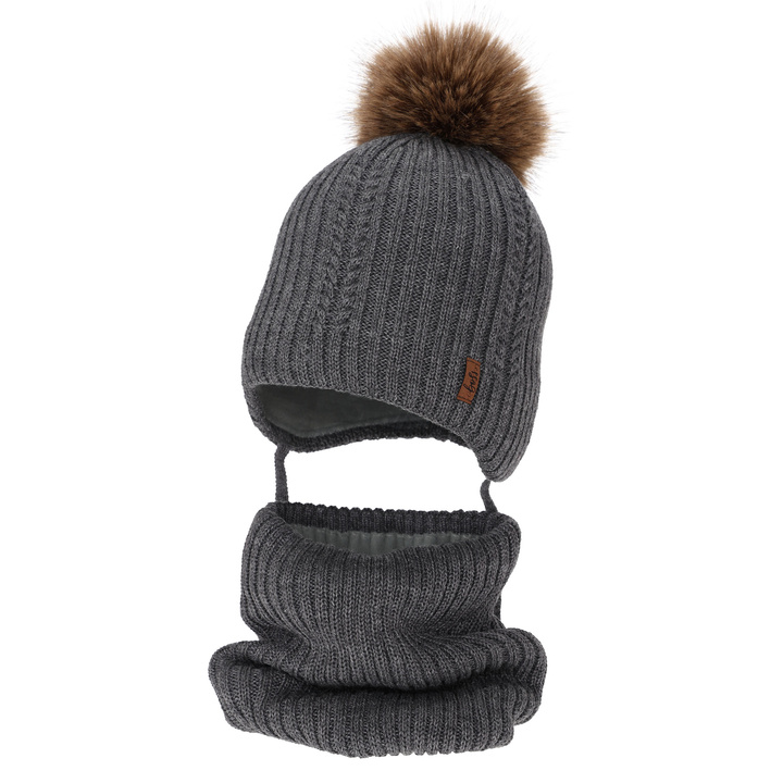 Hat and tube scarf for boy winter set, grey, with merino wool, tied Zongo