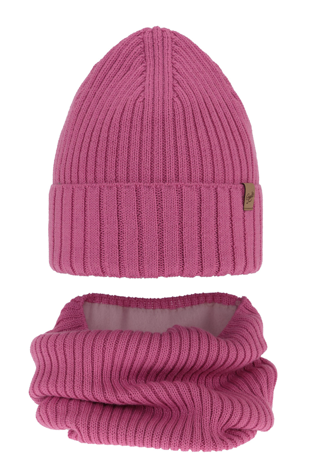 Girl's winter set: hat and tube scarf pink merino wool Mesalia