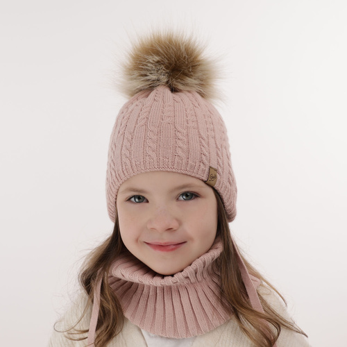 Girl's winter set: hat and tube scarf beige with pompom Loreley