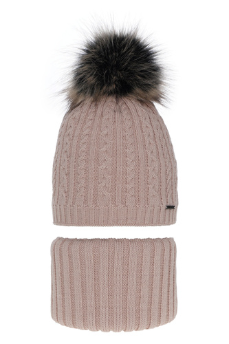 Girl's winter set: hat and tube scarf pink Rima with pompom