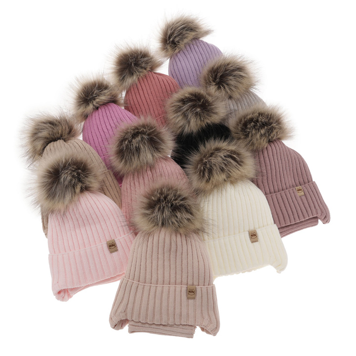 Girl's winter set: hat and tube scarf grey with pompom Louisa