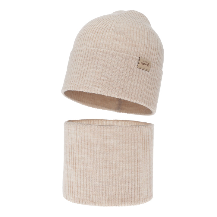 Girl's spring, autumn set: hat and tube scarf, cream, 100% merino wool, Magenta