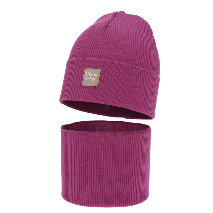 Girl's spring, autumn set: hat and tube scarf, with cotton, amarantowy, Zola