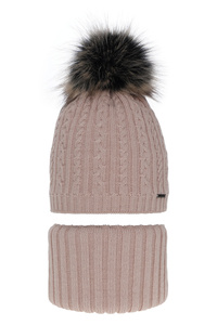 Girl's winter set: hat and tube scarf pink Rima with pompom