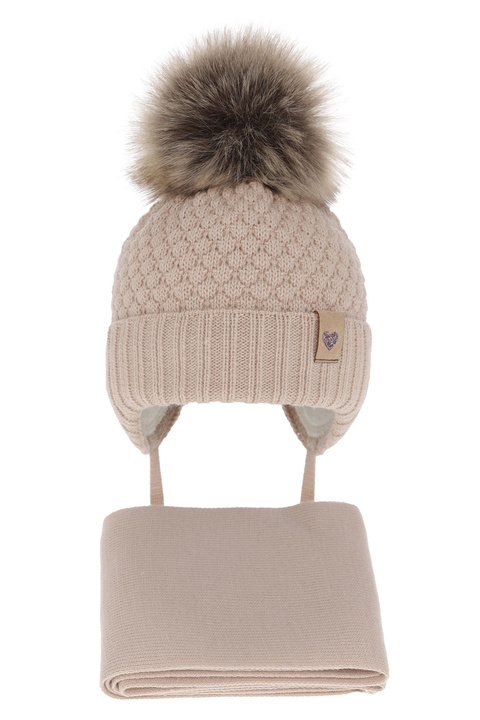 Girls winter set hat and scarf beige with pompom Bianca