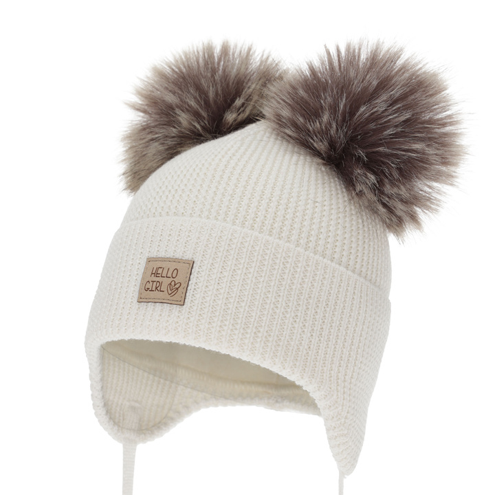 Girl's winter hat, white, 100% merino wool, wool fleece lining, with ears, Trudina