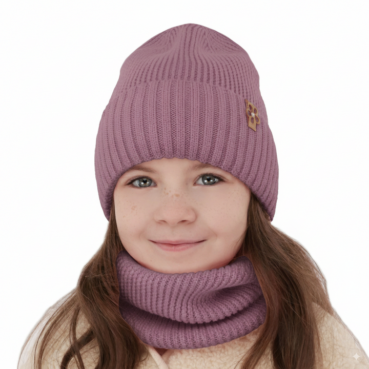 Girl's winter set: hat and tube scarf violet 100% extra finemerino wool Nelita