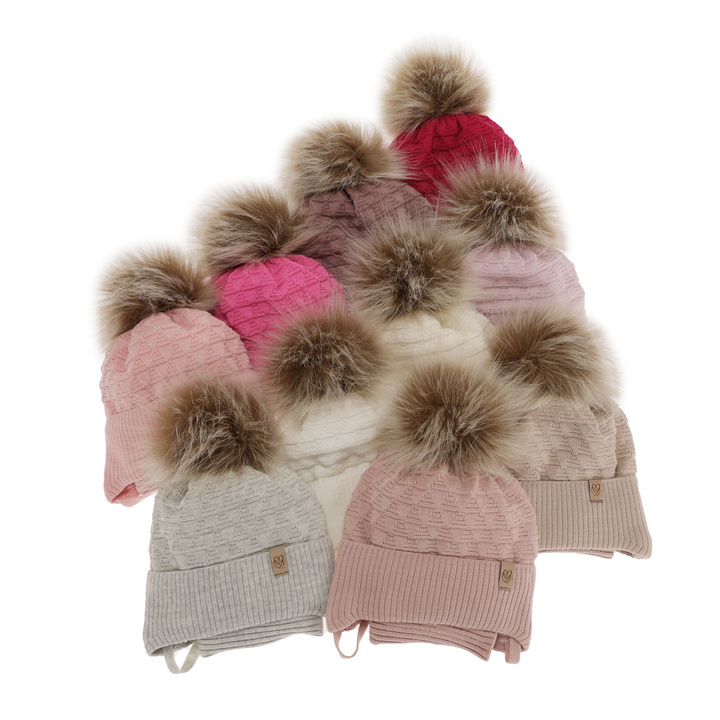 Girl's winter set: hat and tube scarf beige with pompom Egeria