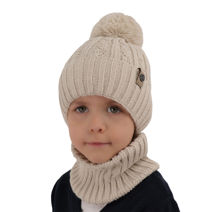 Boy's winter set: hat and tube scarf camel with pompom Almond