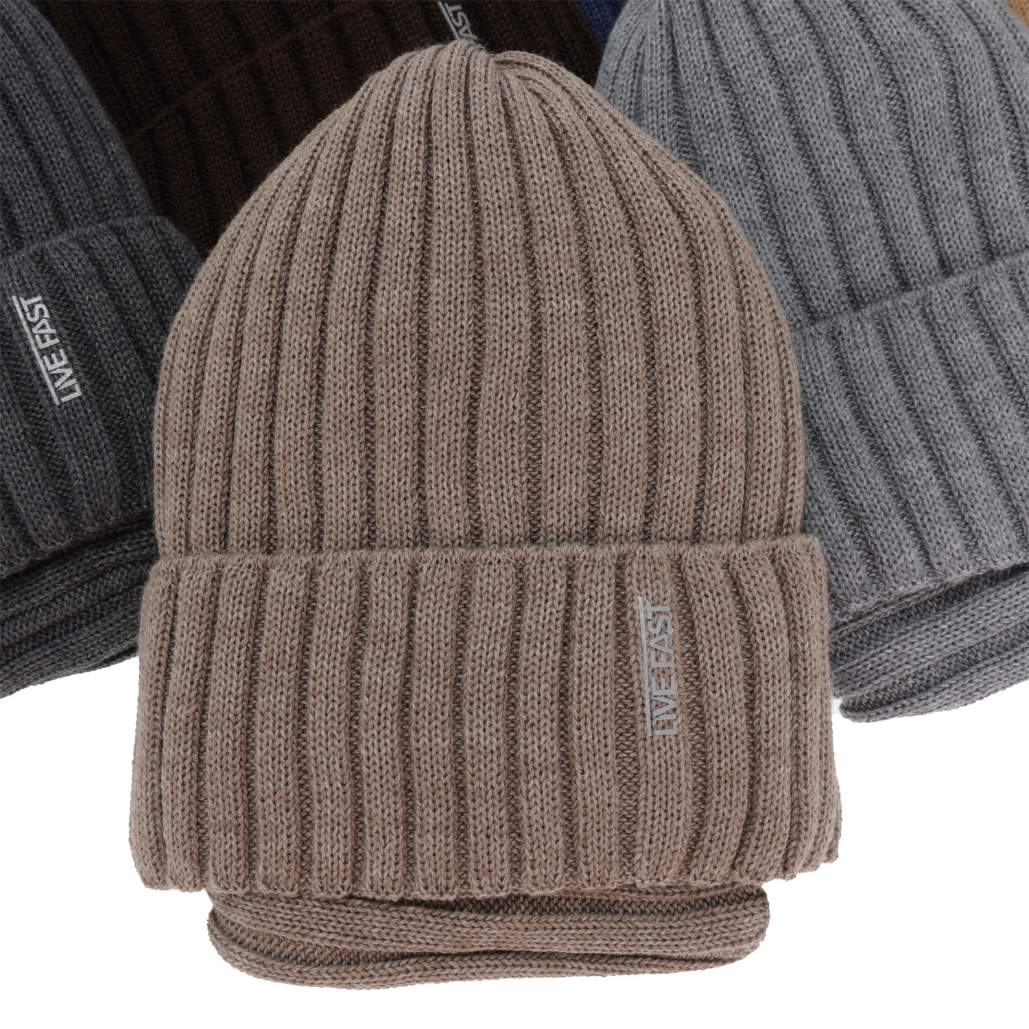 Boy's winter set: hat and tube scarf, beige, with merino wool, fleece lining, Banasko