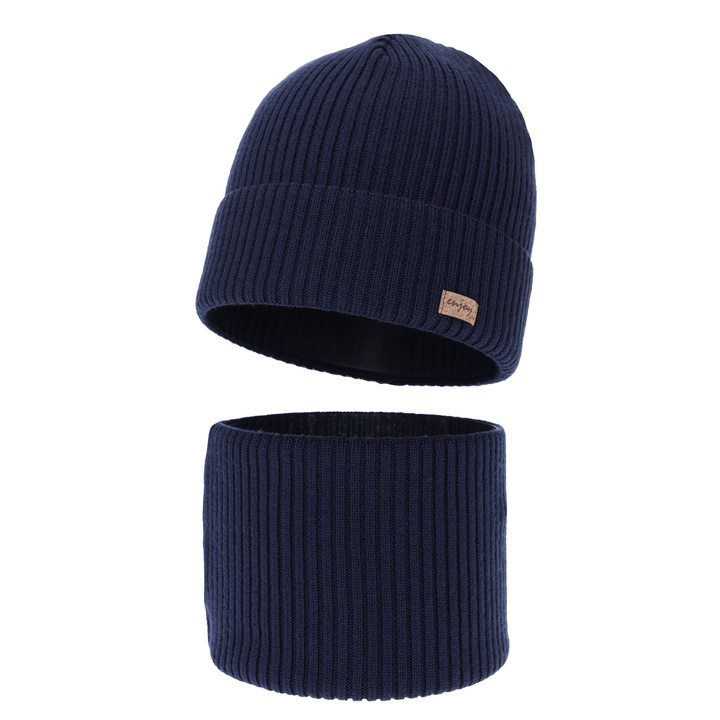 Boy's spring/ autumn set: hat and tube scarf navy blue 100% extra finemerino wool Intro