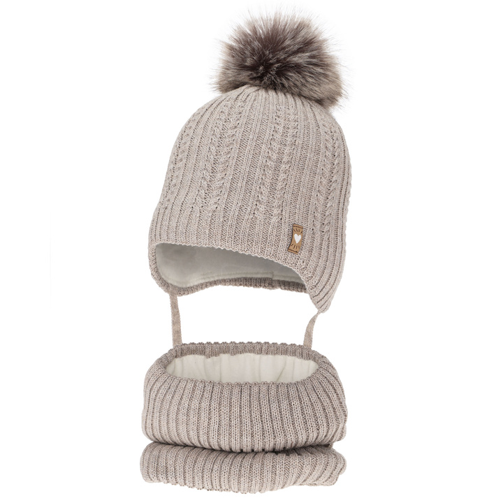 Girl's winter set: hat and tube scarf, beige, with merino wool, Muanda