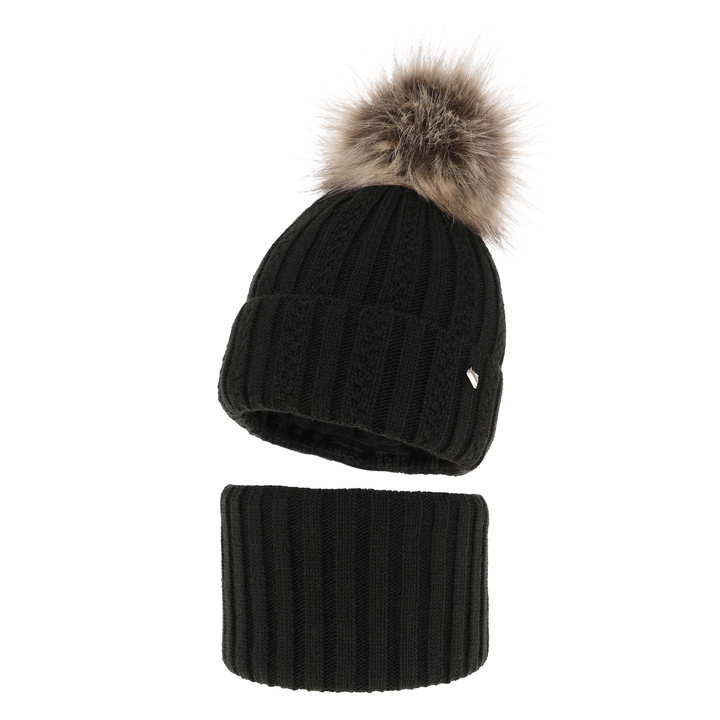 Girl's winter set: hat and tube scarf black Wirginia with pompom