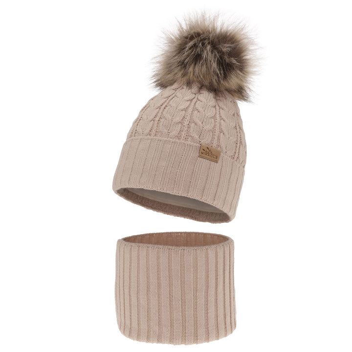 Girl's winter set: hat and tube scarf beige Tanzania with pompom