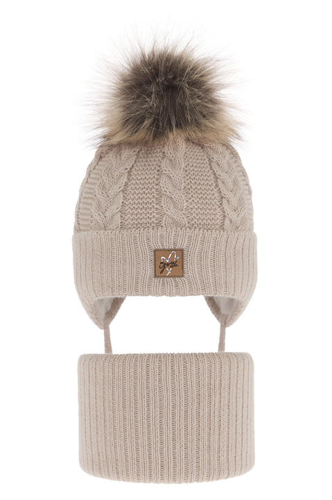 Girl's winter set: hat and tube scarf beige with pompom Finess