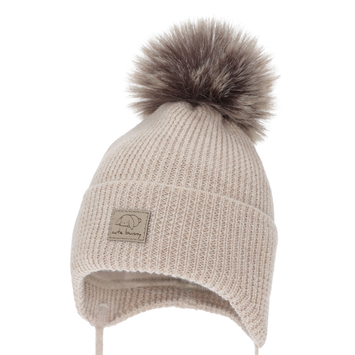 Girl's winter hat, beige, with ears, 100% merino wool, Jena